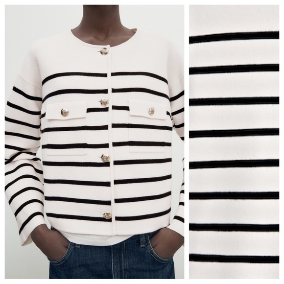 NWT. Massimo Dutti Pale Ecru/Black Striped Knit Cardigan. Size XS. - Picture 3 of 12